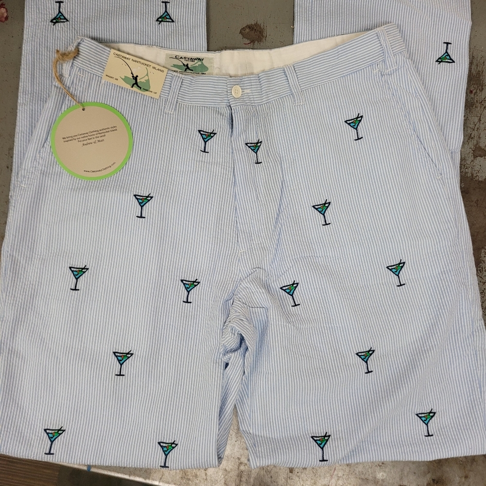 NEW CASTAWAY EMBROIDERED MARTINIS UMHEMMED PANTS MEN'S SZ 35 SEERSUCKER